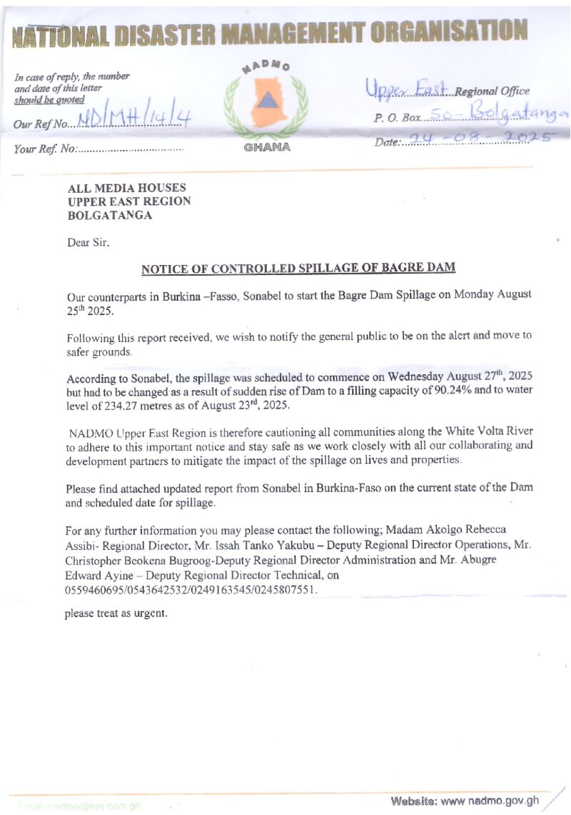 Notice of Spillage of the Bagre Dam (NADMO)