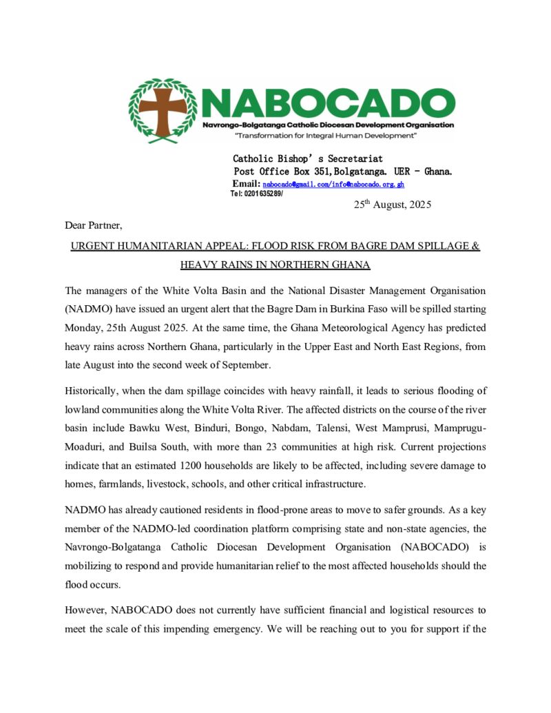 Urgent Humanitarian Appeal: Flood Risk from Bagre Dam Spillage (August 2025)